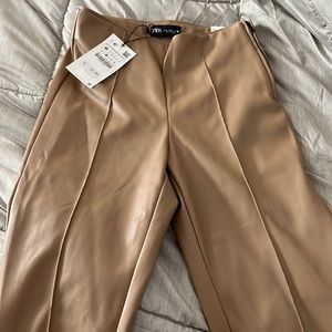 Zara NWT faux leather vegan leather leggings Size M ankle tan camel